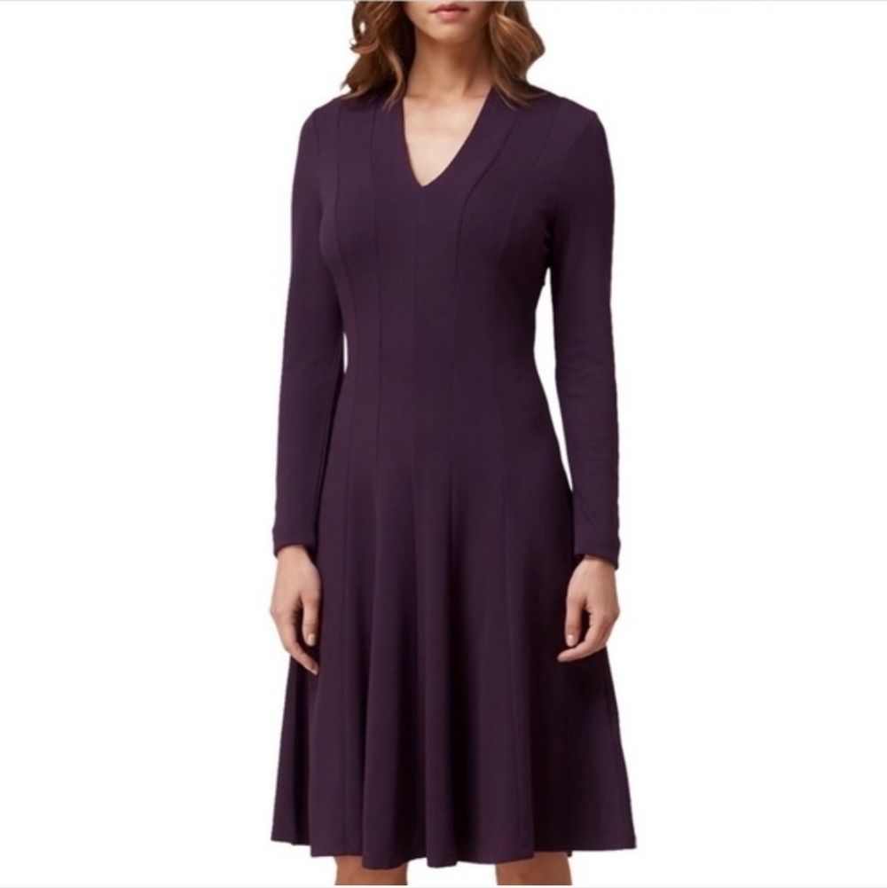 LK Bennett Aviana Purple V Neck Fit Flare Long Sleeve Midi Dress Size 2‎ elegant